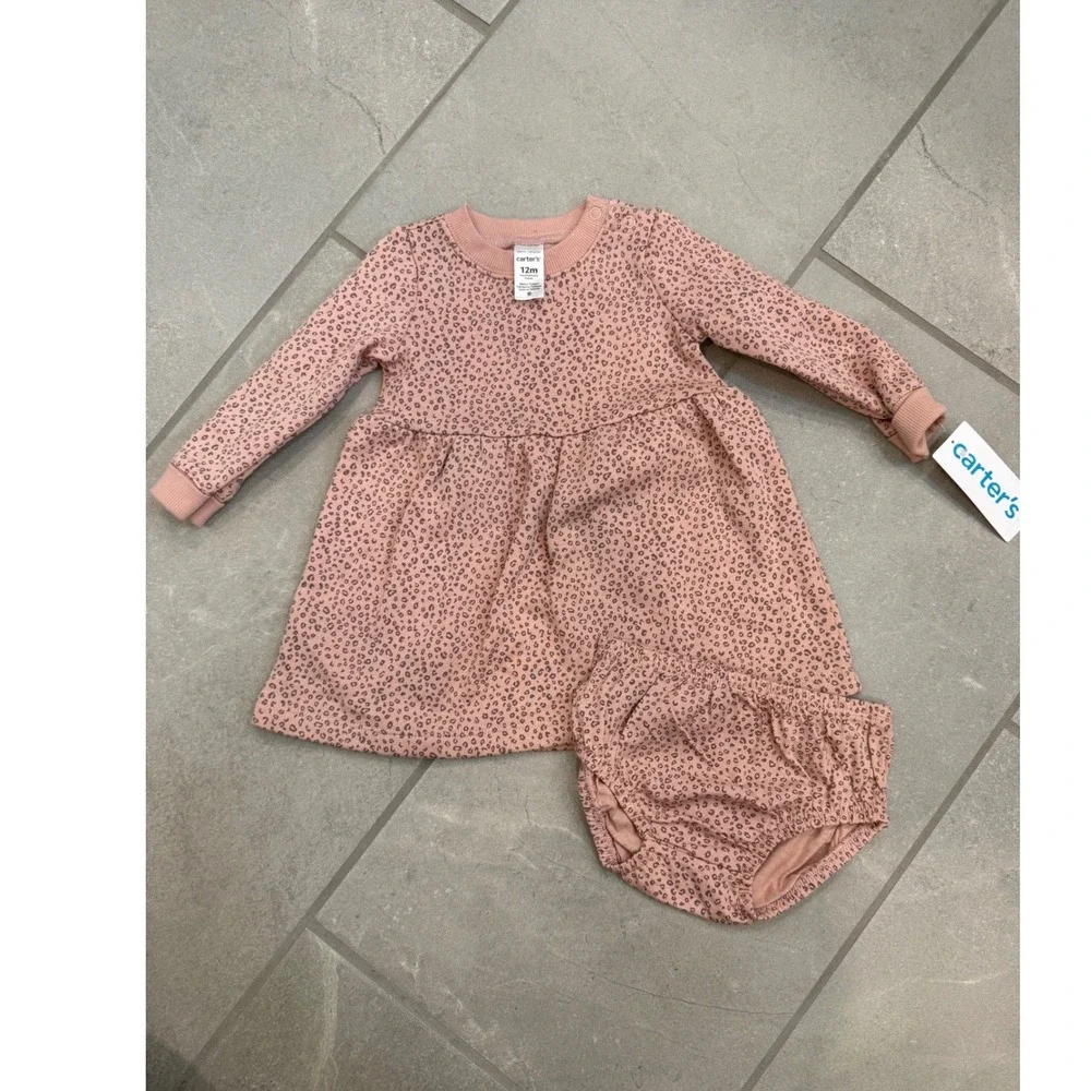 Carters Baby Girls Pink Leopard Print Long Sleeve Dress and Diaper Cover Set 12M
